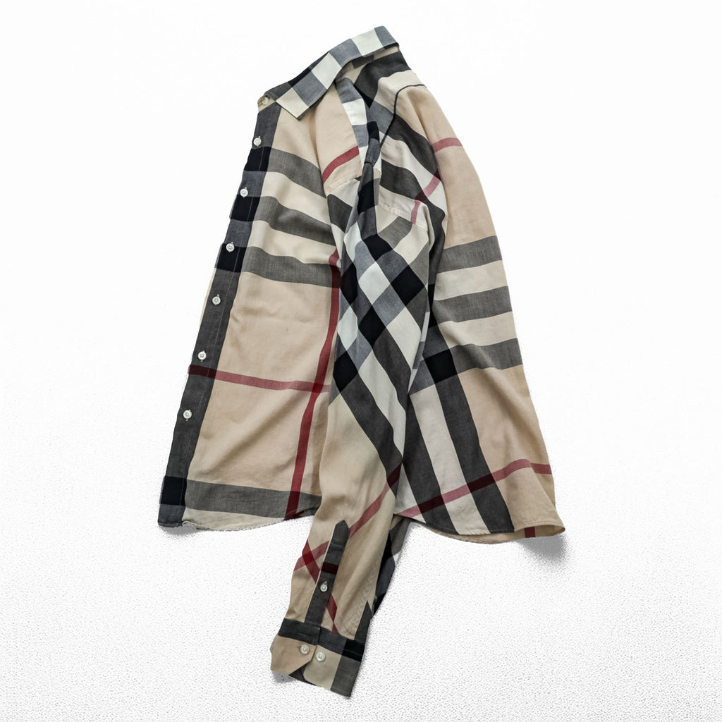 Burberry London Mega Check Long Sleeve Shirt Beige Black Red Cotton XXL Made in Great Britain