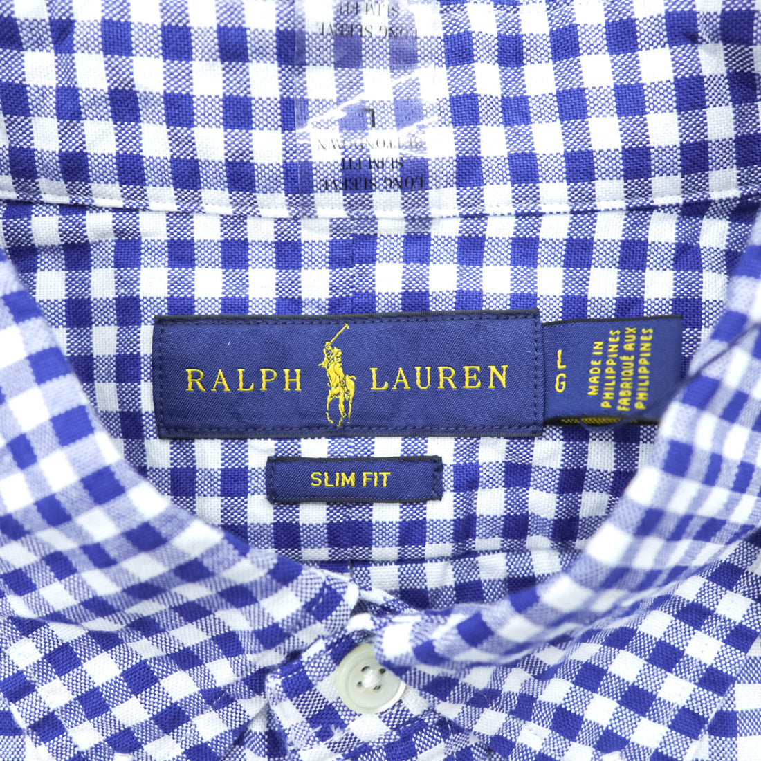 Ralph Lauren Gingham Checked Button-Down Shirt, Size L, White/Blue, Small Pony Embroidery, Slim Fit, Unused