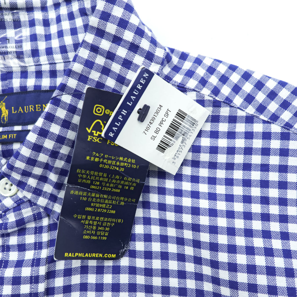 Ralph Lauren Gingham Checked Button-Down Shirt, Size L, White/Blue, Small Pony Embroidery, Slim Fit, Unused