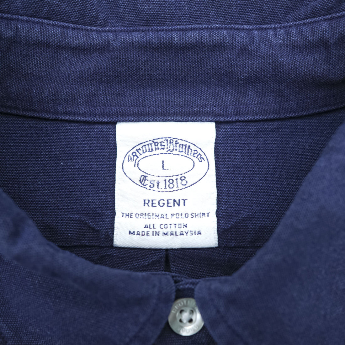Brooks Brothers button-down shirt, size L, navy, with a single logo (REGENT).