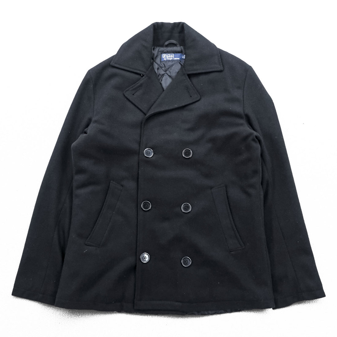 Polo Ralph Lauren 90s Pea Coat XL Black Wool Melton Quilted Liner