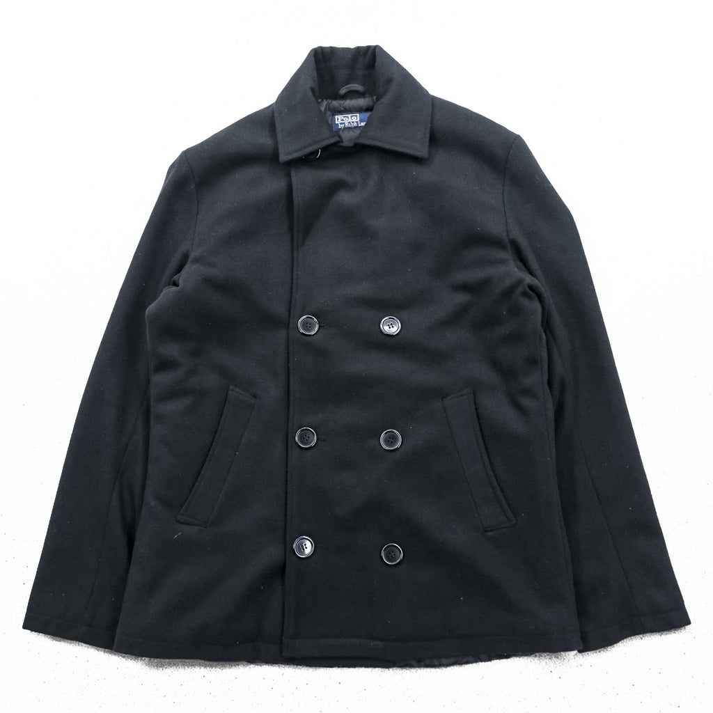 Polo Ralph Lauren 90s Pea Coat XL Black Wool Melton Quilted Liner