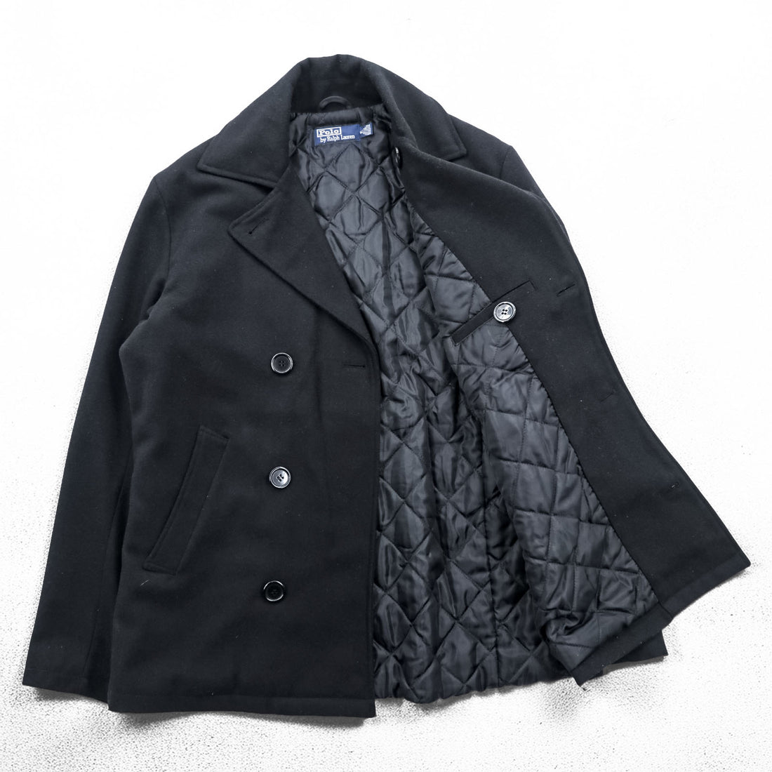 Polo Ralph Lauren 90s Pea Coat XL Black Wool Melton Quilted Liner