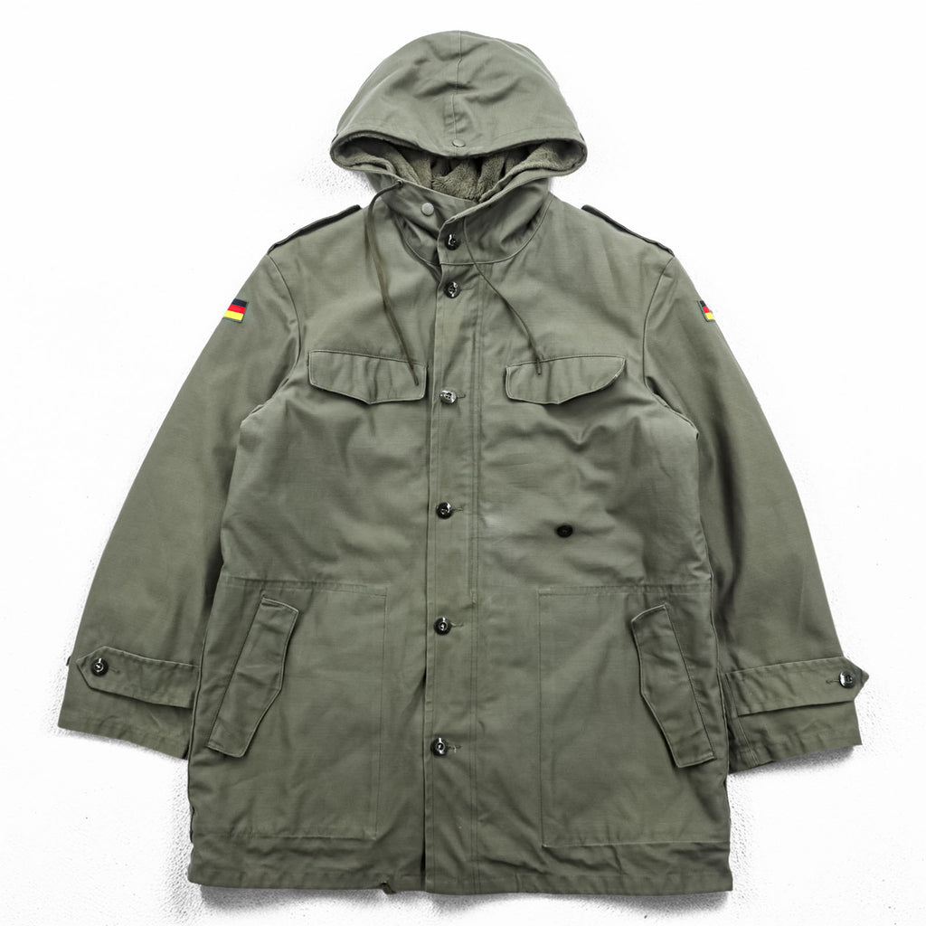 80s German Army Bundeswehr Olive Field Parka Hooded Fleece Lined Military Jacket Flag Patch Feuchter Ringelai