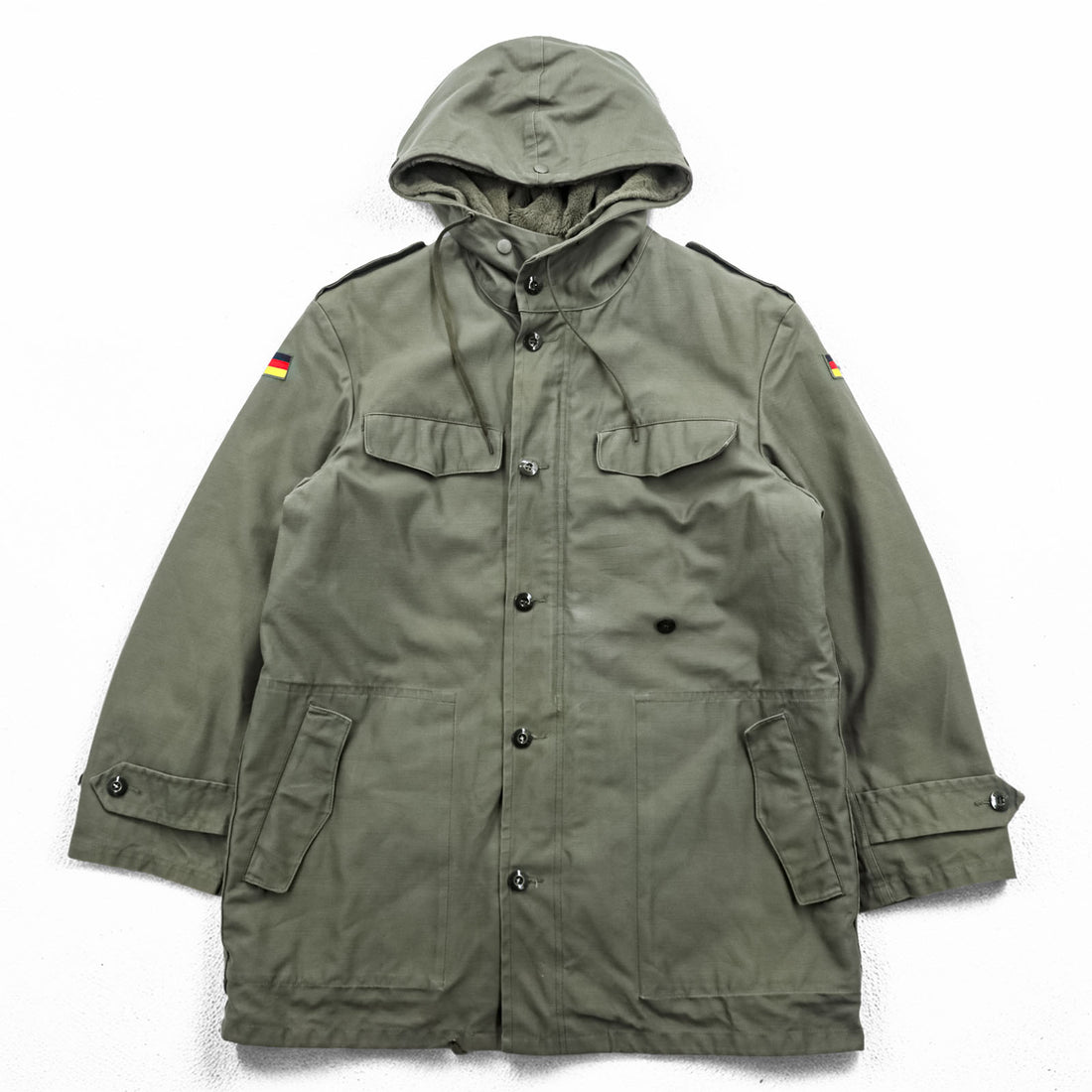 80s German Army Bundeswehr Olive Field Parka Hooded Fleece Lined Military Jacket Flag Patch Feuchter Ringelai