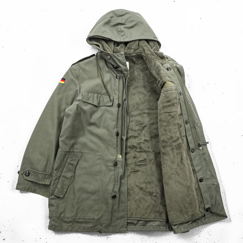 80s German Army Bundeswehr Olive Field Parka Hooded Fleece Lined Military Jacket Flag Patch Feuchter Ringelai