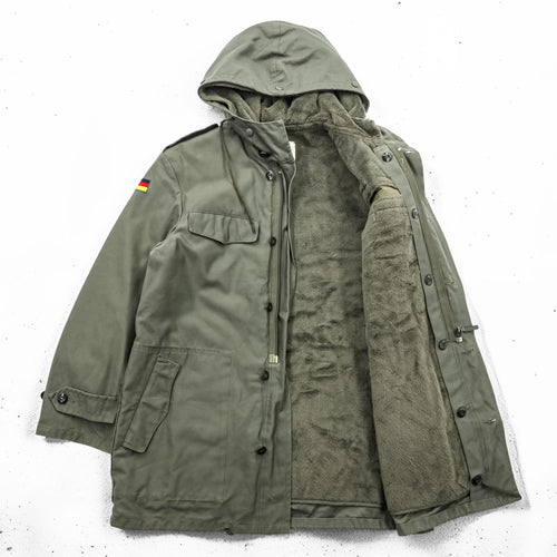 80s German Army Bundeswehr Olive Field Parka Hooded Fleece Lined Military Jacket Flag Patch Feuchter Ringelai