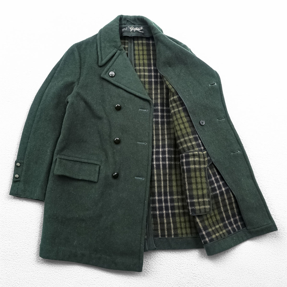 Gloverall 80年代 英国製 ヴィンテージ ダブルブレスト ピーコート L ダークグリーン メルトン ウール 裏地チェック イングランド製