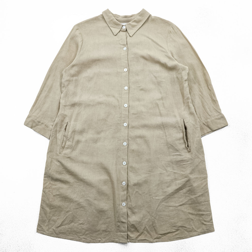 Everlily Beige Linen Blend Shirt Dress Long Button Front Tunic Dress 3/4 Sleeve Pockets Size L Made in India
