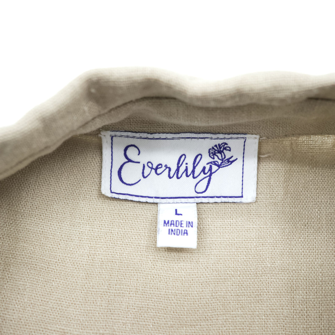 Everlily Beige Linen Blend Shirt Dress Long Button Front Tunic Dress 3/4 Sleeve Pockets Size L Made in India