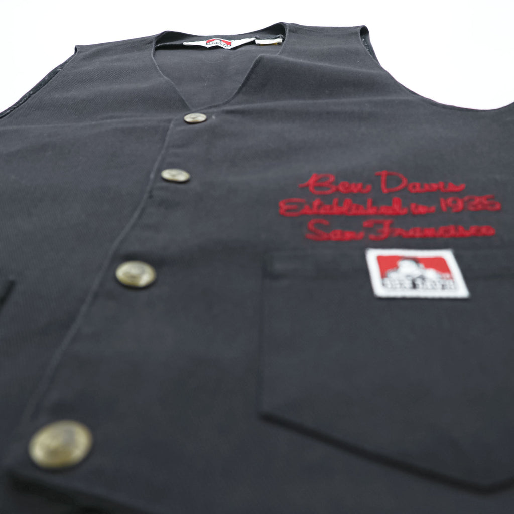 BEN DAVIS USA製 コットンツイル ワークベスト S ブラック スナップボタン チェーンステッチ ロゴ 刺繍