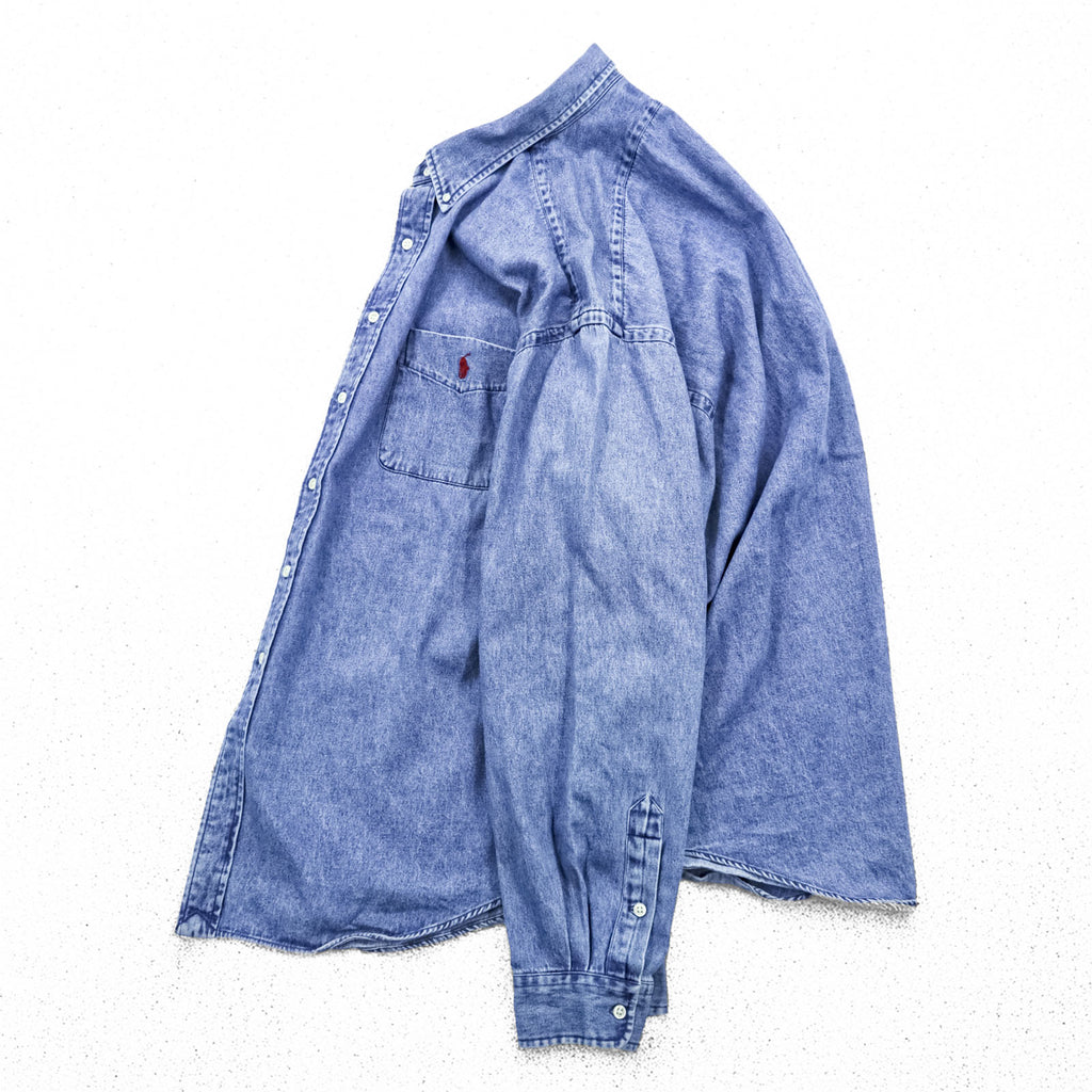 Ralph Lauren 90年代 ボタンダウン デニムシャツ 2XL インディゴ ブルー BIG SHIRT 胸ポケット スモールポニー刺繍