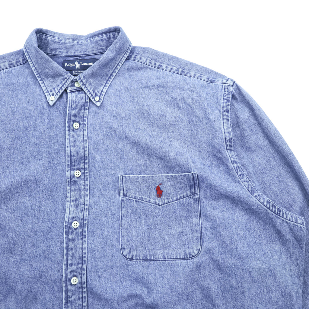 Ralph Lauren 90年代 ボタンダウン デニムシャツ 2XL インディゴ ブルー BIG SHIRT 胸ポケット スモールポニー刺繍