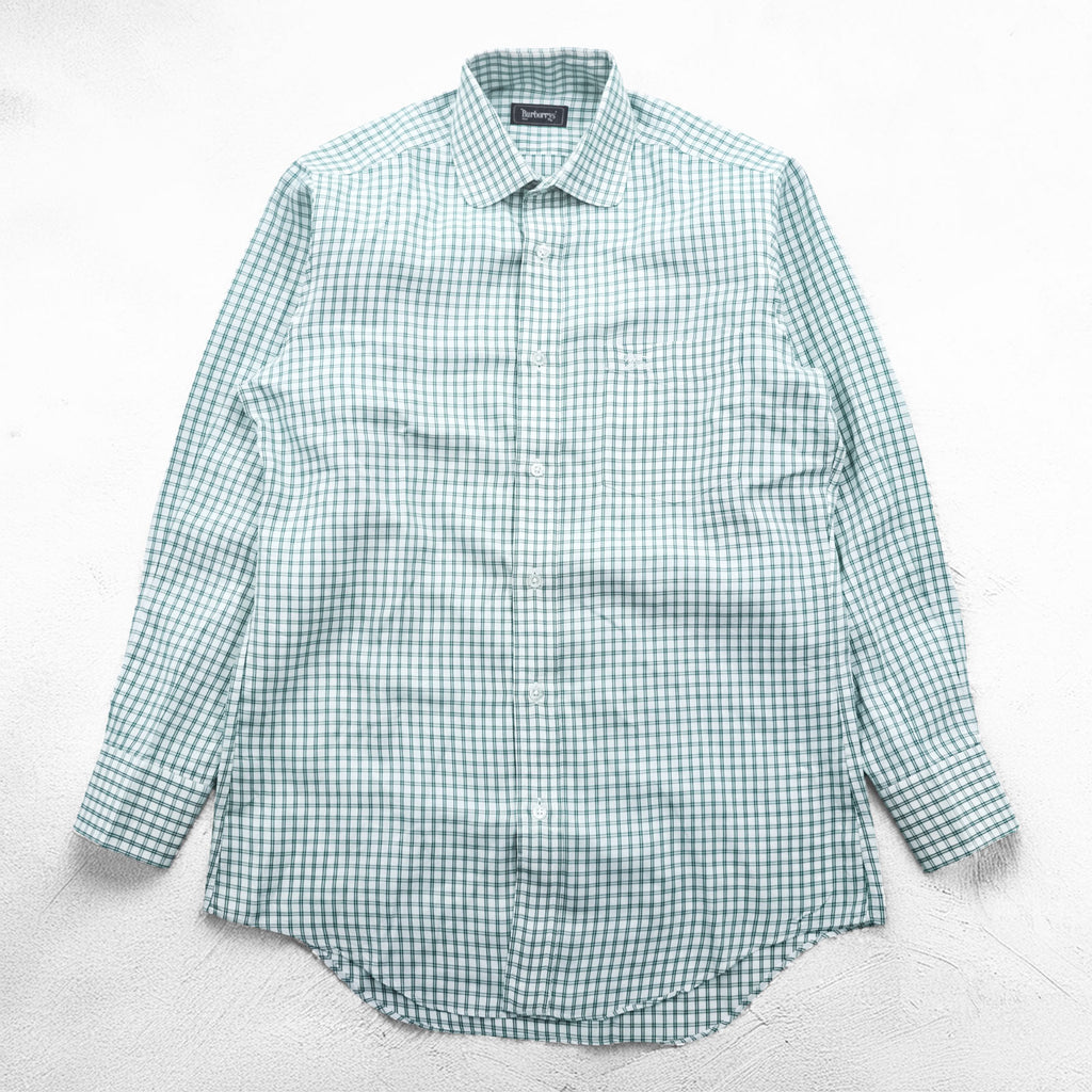 BURBERRY 90s Japan Made Round Collar Shirt M Green/White Checked One-Point Logo Round Neck