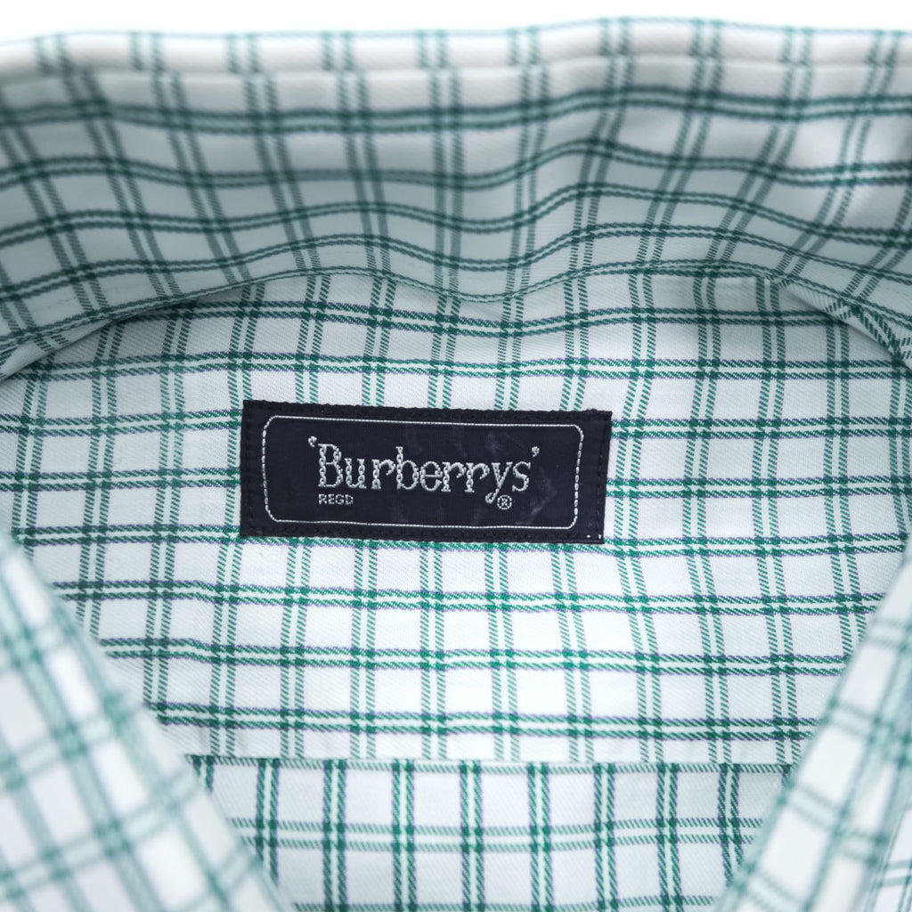 BURBERRY 90s Japan Made Round Collar Shirt M Green/White Checked One-Point Logo Round Neck