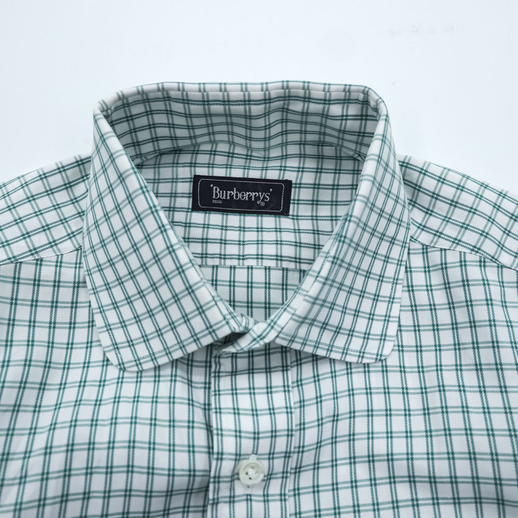 BURBERRY 90s Japan Made Round Collar Shirt M Green/White Checked One-Point Logo Round Neck