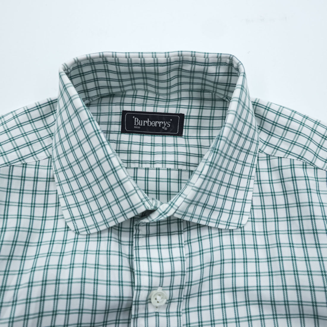 BURBERRY 90s Japan Made Round Collar Shirt M Green/White Checked One-Point Logo Round Neck
