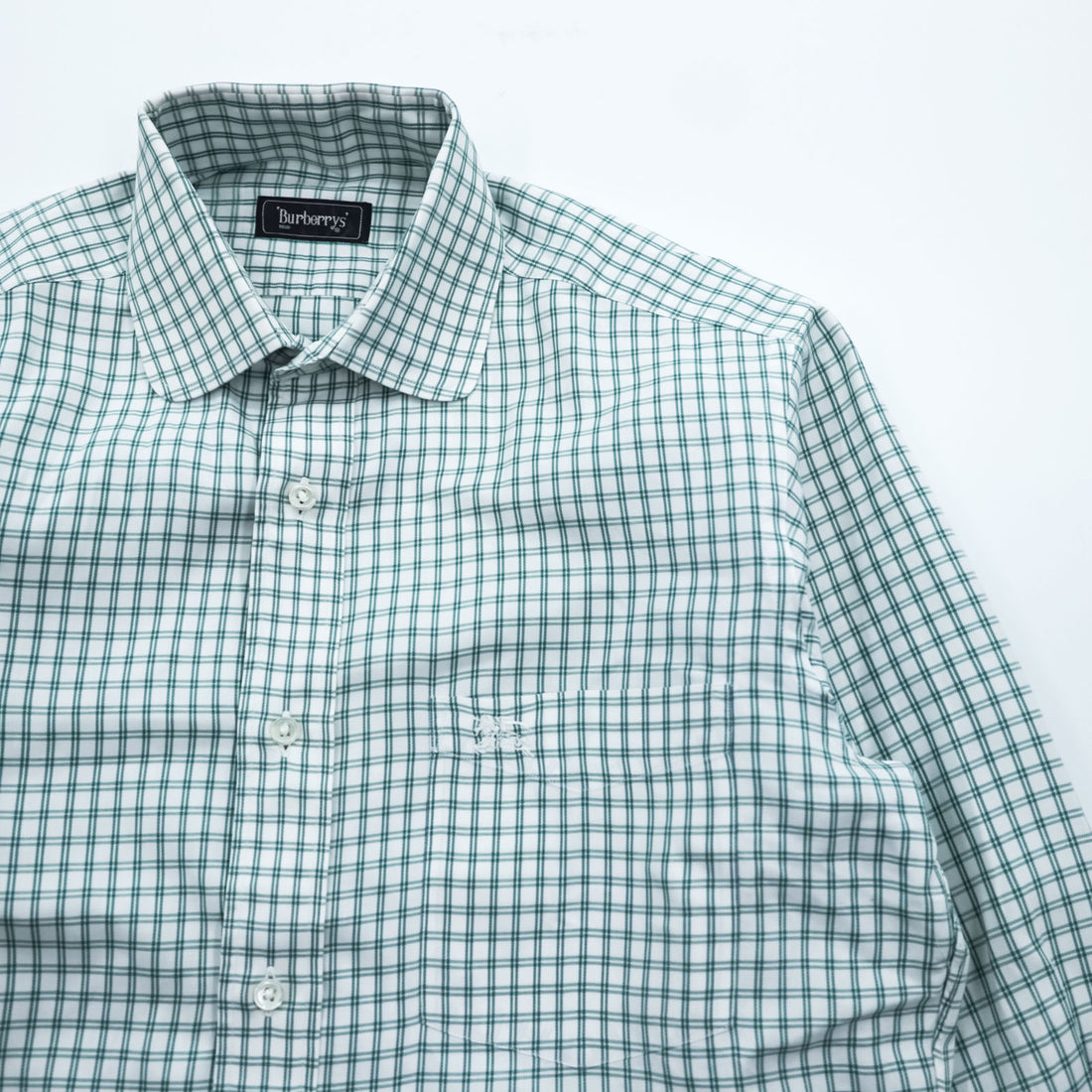 BURBERRY 90s Japan Made Round Collar Shirt M Green/White Checked One-Point Logo Round Neck