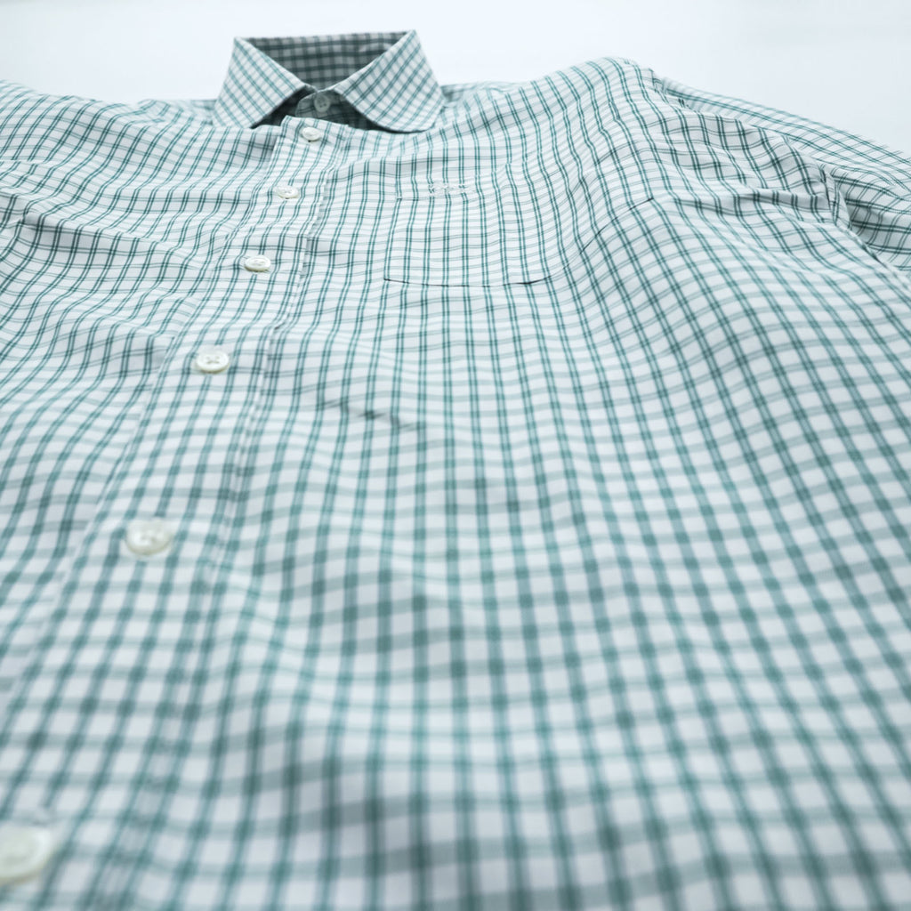 BURBERRY 90s Japan Made Round Collar Shirt M Green/White Checked One-Point Logo Round Neck