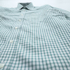 BURBERRY 90s Japan Made Round Collar Shirt M Green/White Checked One-Point Logo Round Neck
