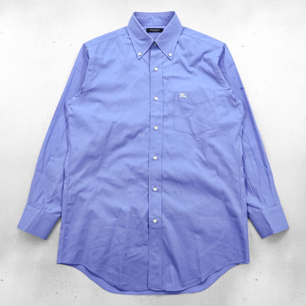 BURBERRY button-down shirt, size M, blue, with a single logo accent.