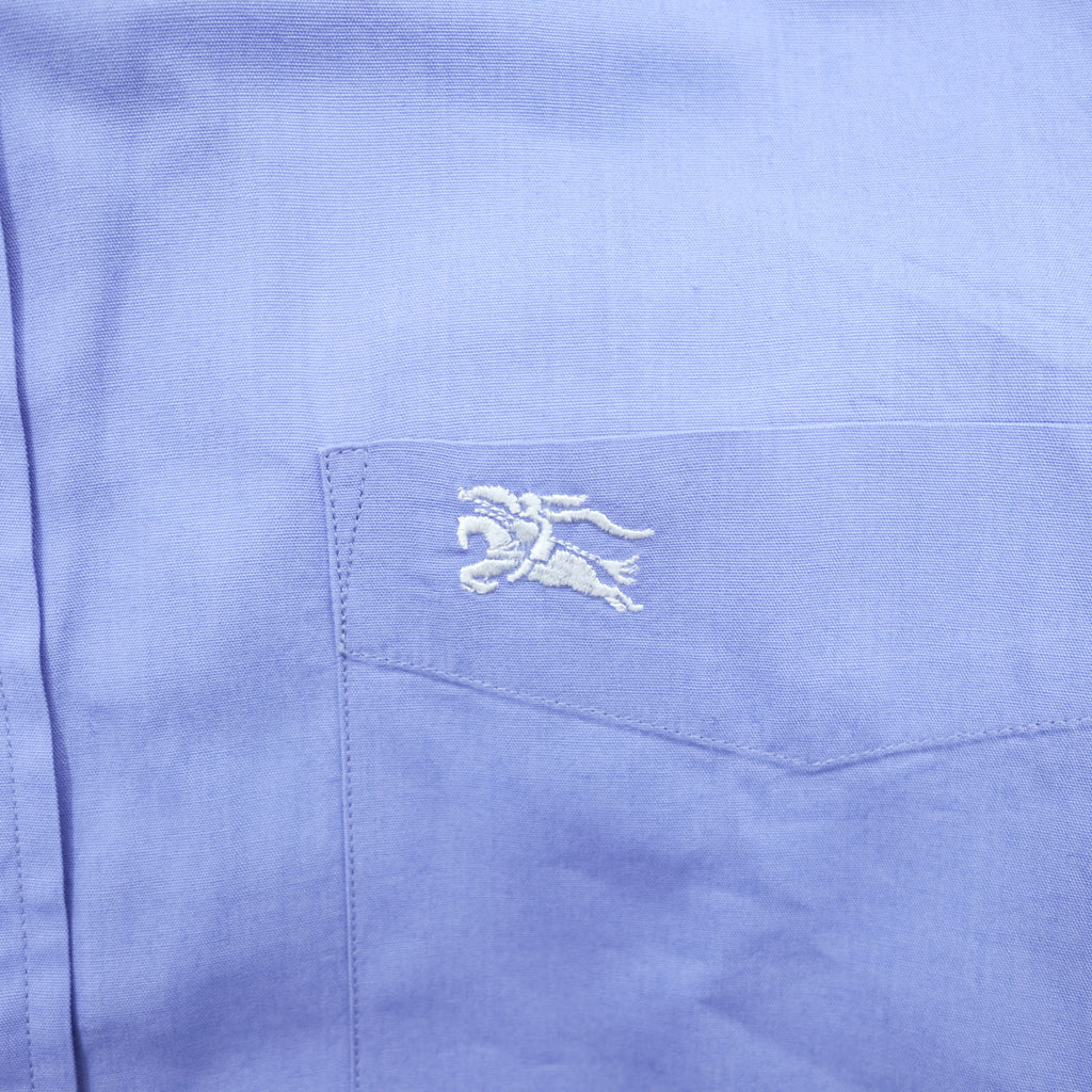 BURBERRY button-down shirt, size M, blue, with a single logo accent.