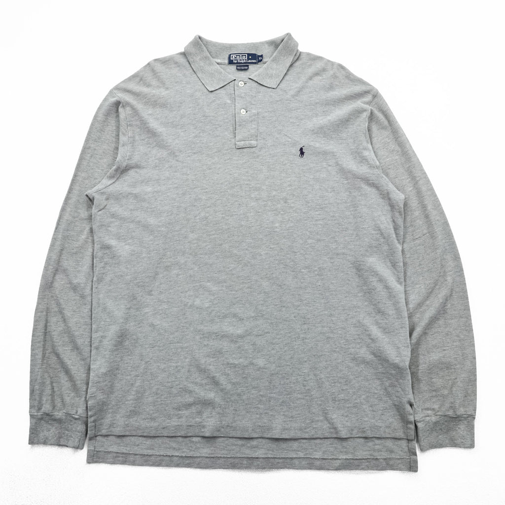 Polo Ralph Lauren 90s Long Sleeve Polo Shirt Rugby Shirt XL Gray Pique Small Pony Embroidery