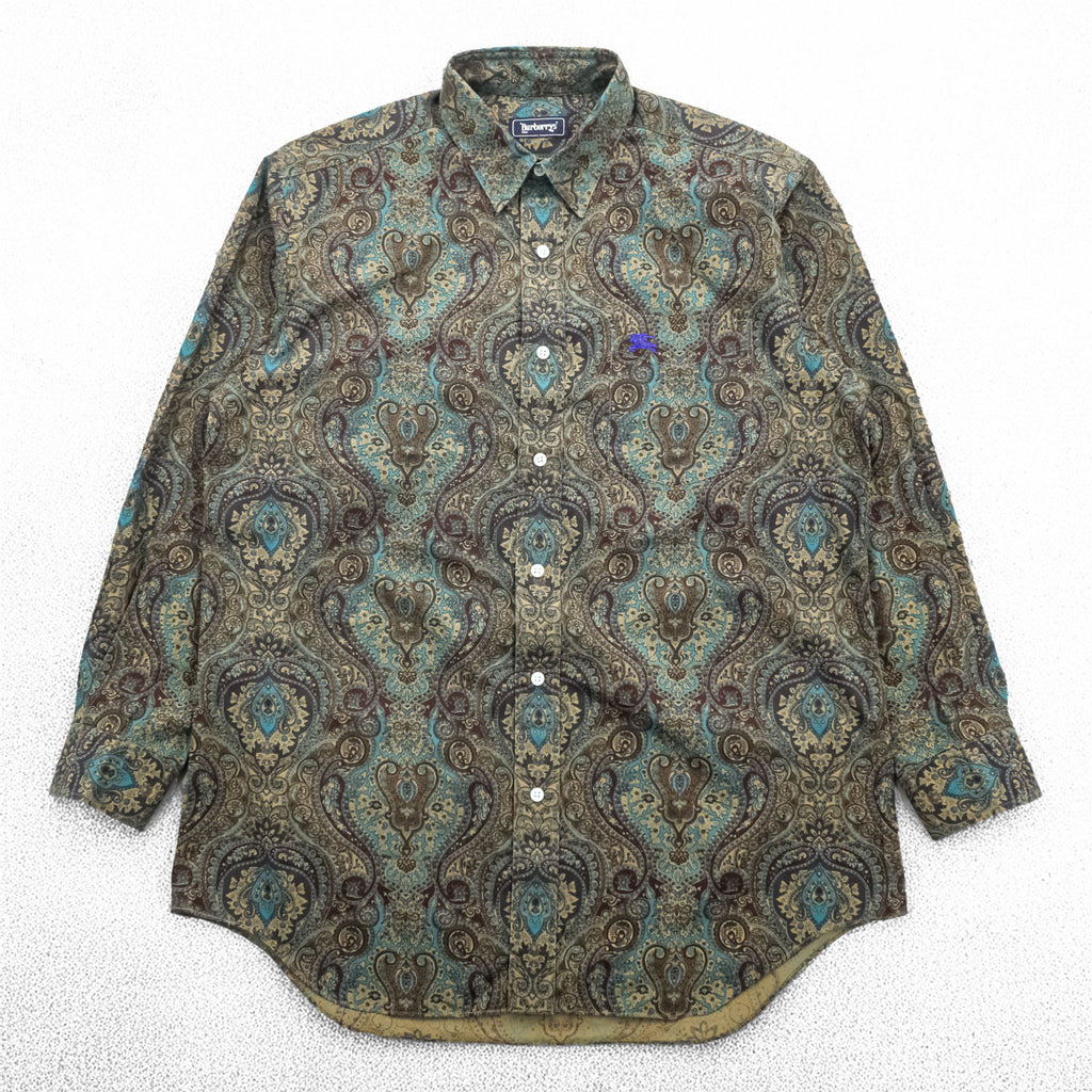 BURBERRY 90s Japan-Made Paisley Pattern Shirt, Size M, Brown/Green, with a single logo.