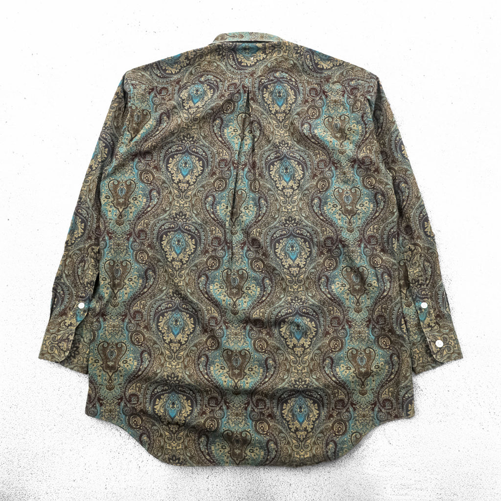 BURBERRY 90s Japan-Made Paisley Pattern Shirt, Size M, Brown/Green, with a single logo.