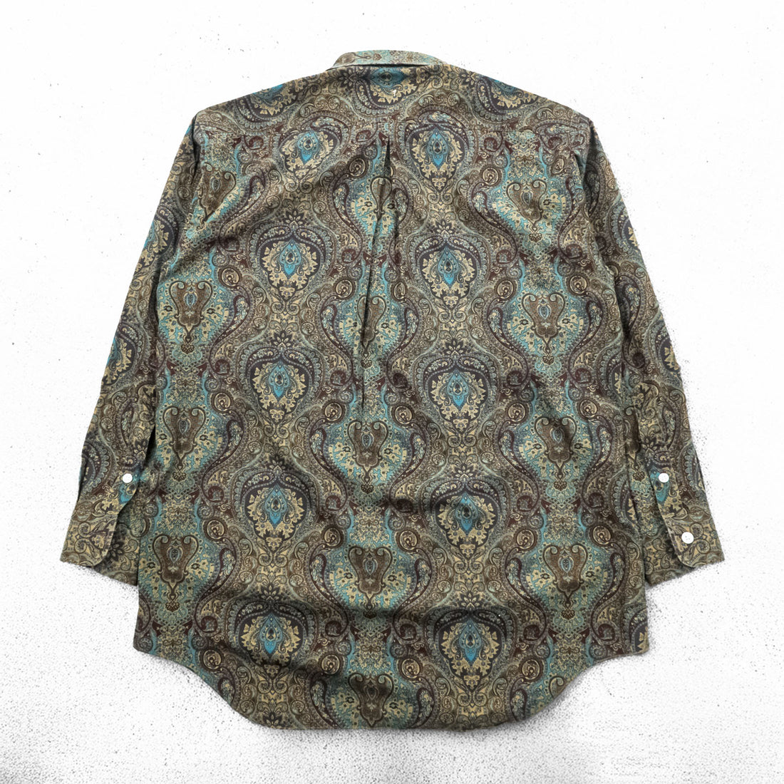 BURBERRY 90s Japan-Made Paisley Pattern Shirt, Size M, Brown/Green, with a single logo.