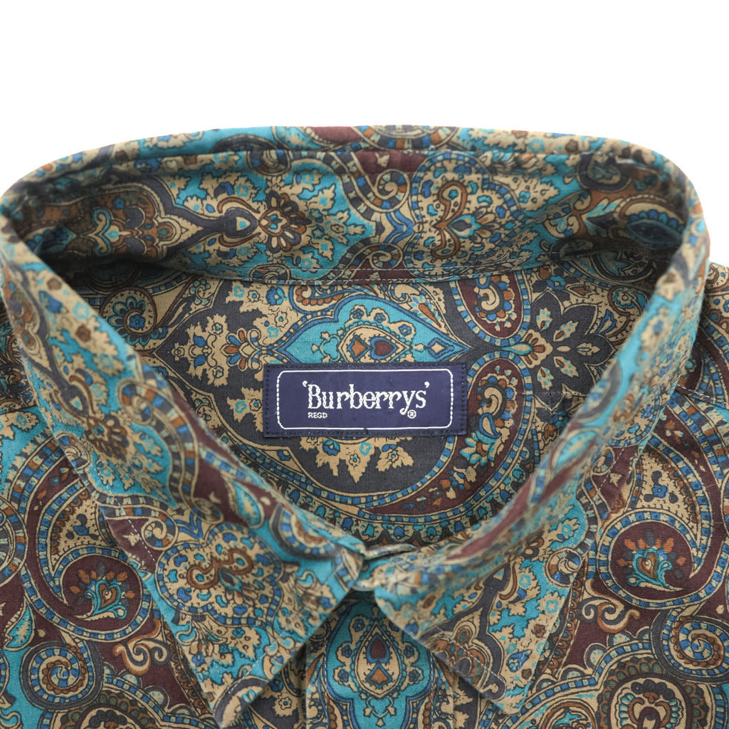 BURBERRY 90s Japan-Made Paisley Pattern Shirt, Size M, Brown/Green, with a single logo.