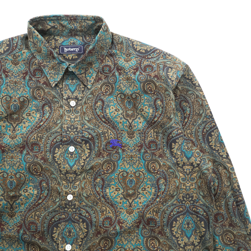 BURBERRY 90s Japan-Made Paisley Pattern Shirt, Size M, Brown/Green, with a single logo.