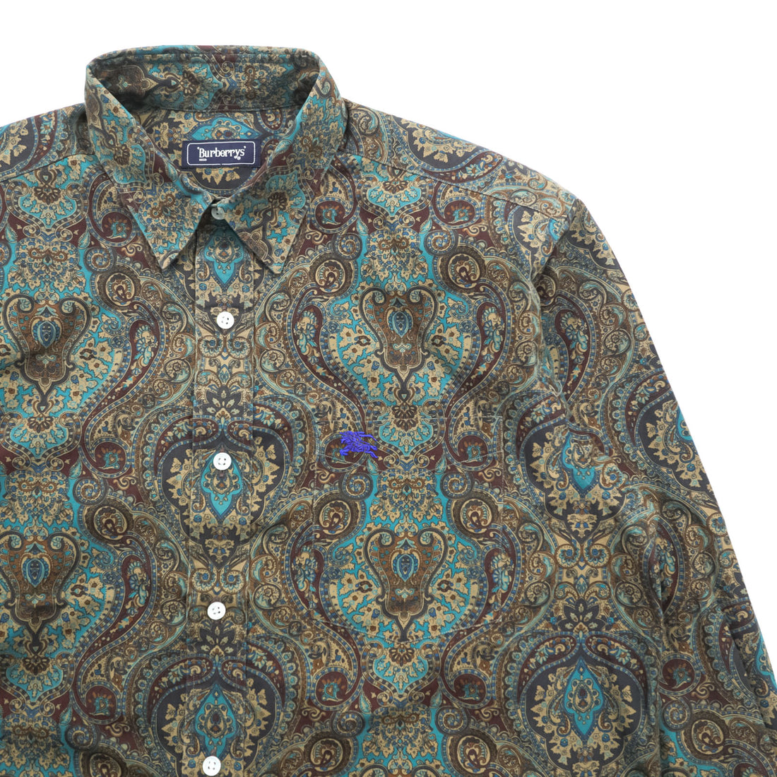 BURBERRY 90s Japan-Made Paisley Pattern Shirt, Size M, Brown/Green, with a single logo.