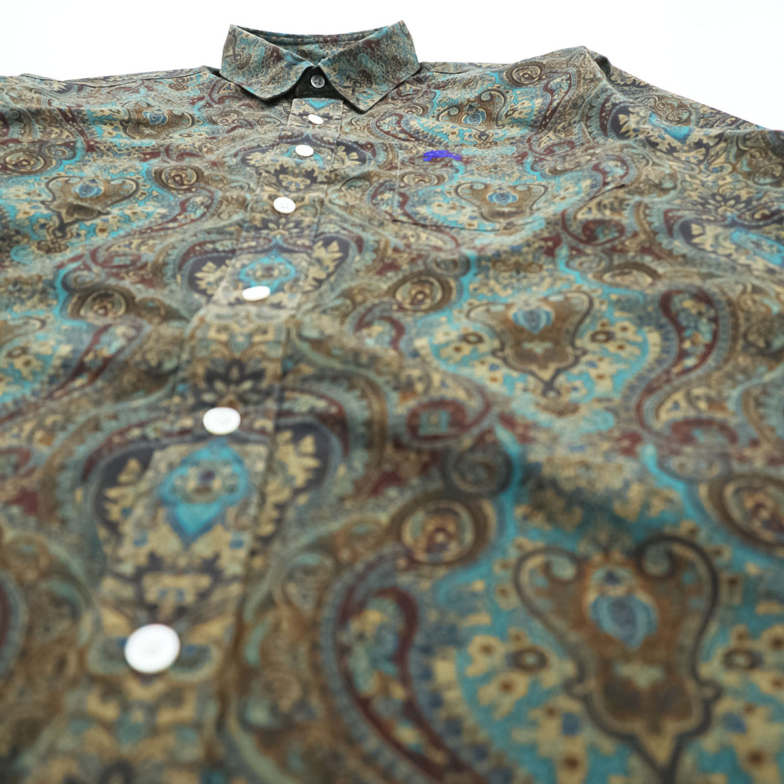 BURBERRY 90s Japan-Made Paisley Pattern Shirt, Size M, Brown/Green, with a single logo.