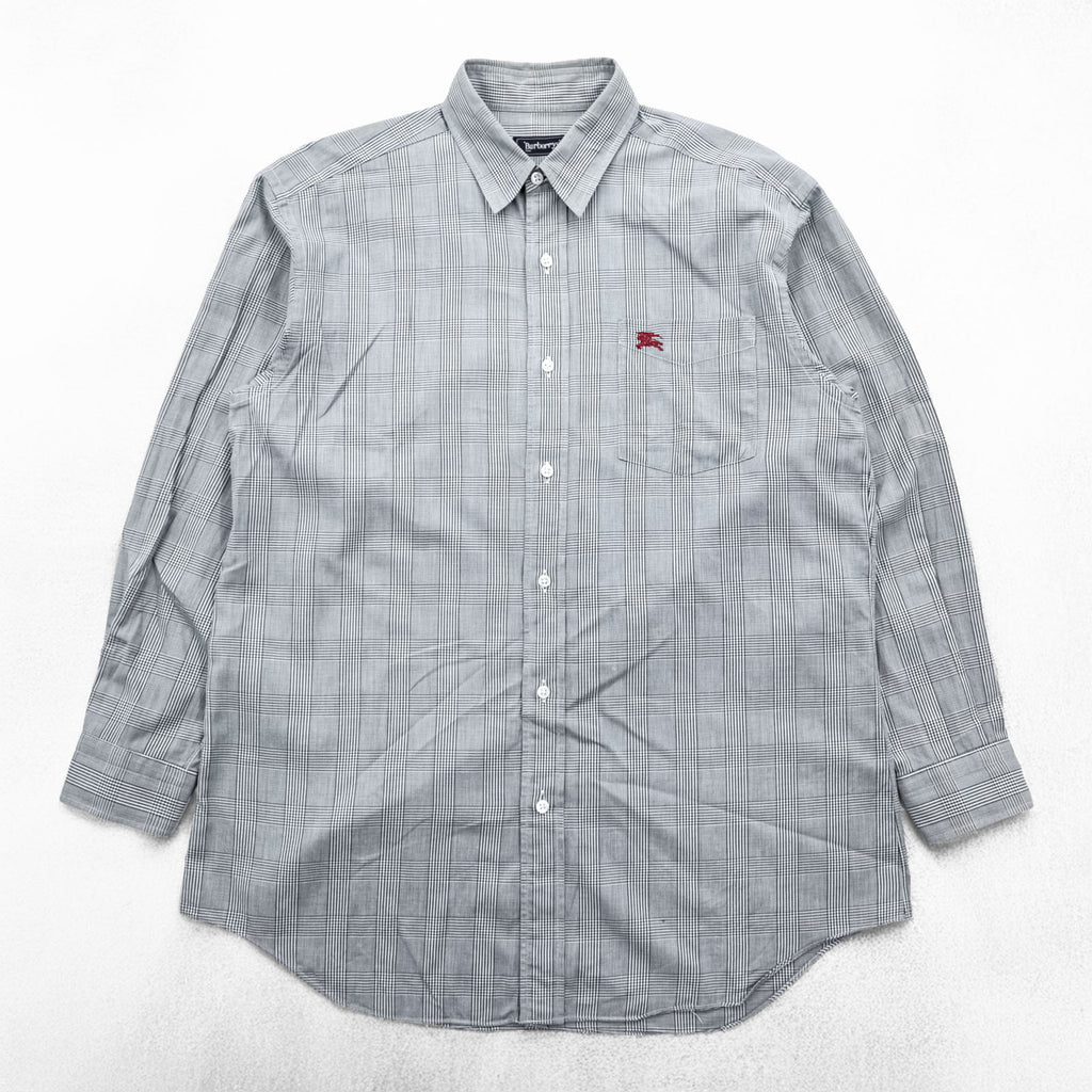 BURBERRY 90s Made in Japan Vintage Glen Plaid Long Sleeve Shirt M Gray Chest Pocket Embroidered One-point Logo