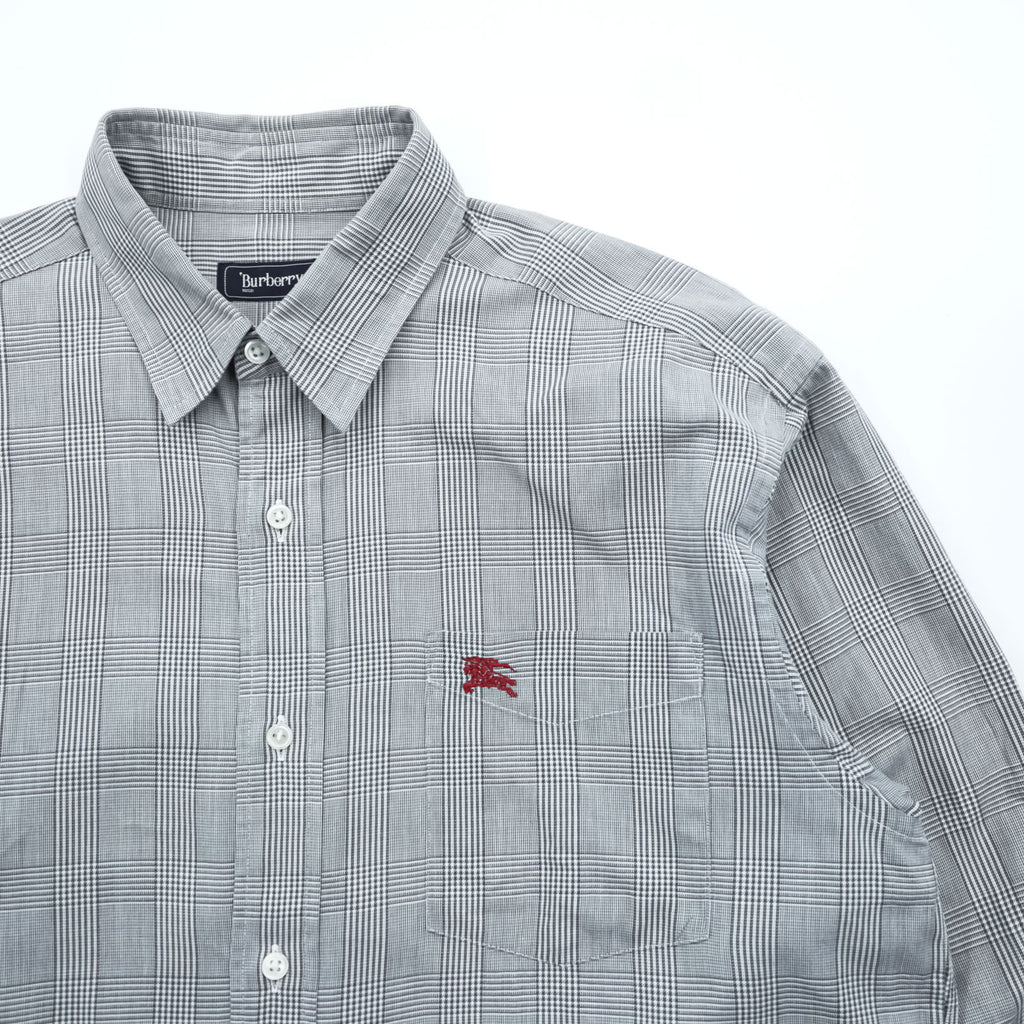 BURBERRY 90s Made in Japan Vintage Glen Plaid Long Sleeve Shirt M Gray Chest Pocket Embroidered One-point Logo