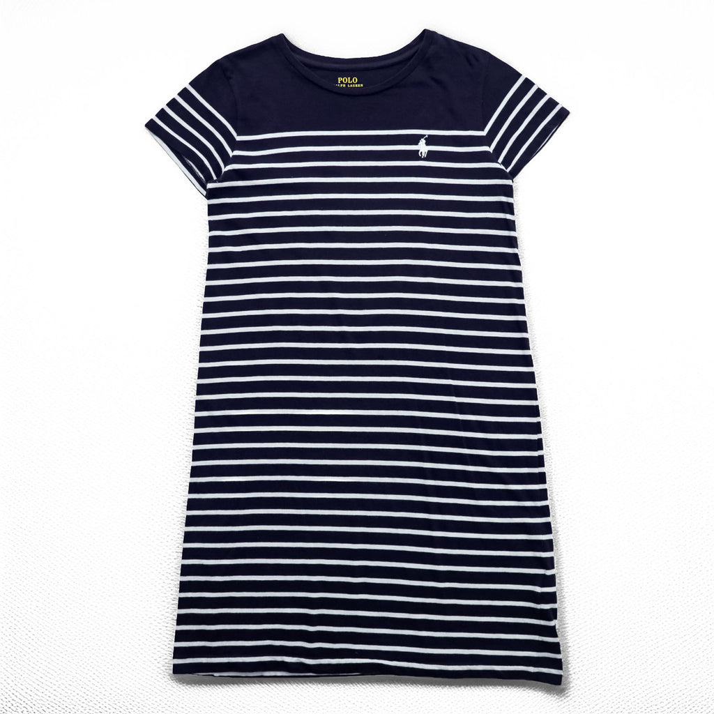 Polo Ralph Lauren Girls Striped T-Shirt Dress Navy White Cotton Pony Logo Short Sleeve Size 160