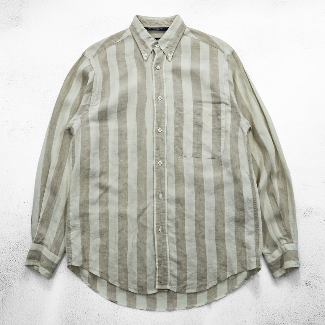 NAUTICA 90年代 ヴィンテージ 長袖 リネン シャツ L ベージュ 麻100% ストライプ ボタンダウン 胸ポケット