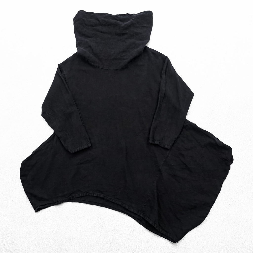 Bryn Walker Black Linen Asymmetric Tunic Dress Cowl Neck Cocoon Lagenlook Made in USA
