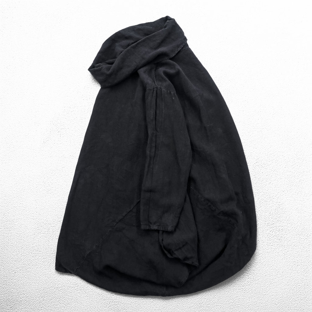 Bryn Walker Black Linen Asymmetric Tunic Dress Cowl Neck Cocoon Lagenlook Made in USA
