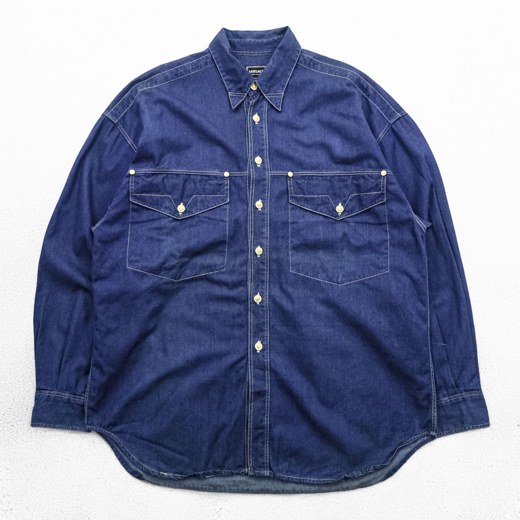 VERSACE 90s Vintage Denim Shirt, Size XL and up, Blue, JEANS COUTURE, Medusa Buttons