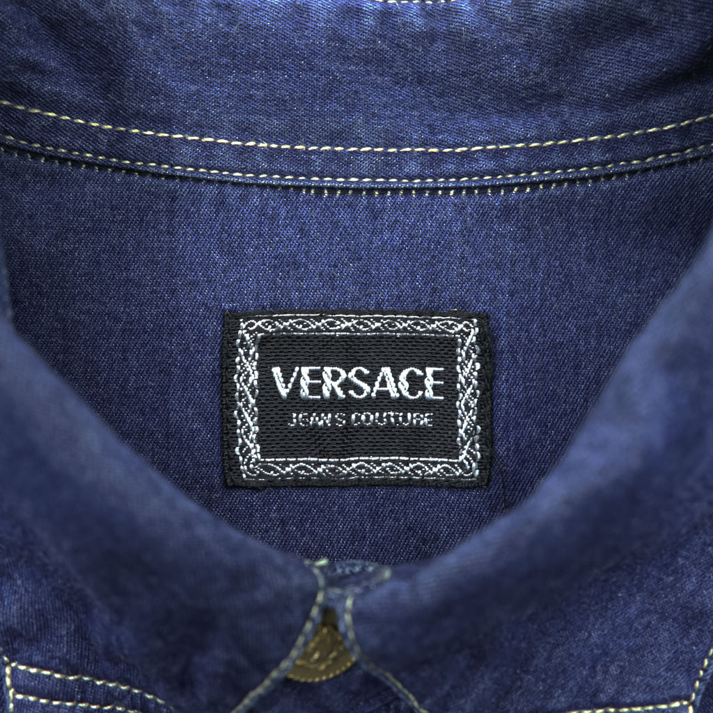 VERSACE 90s Vintage Denim Shirt, Size XL and up, Blue, JEANS COUTURE, Medusa Buttons