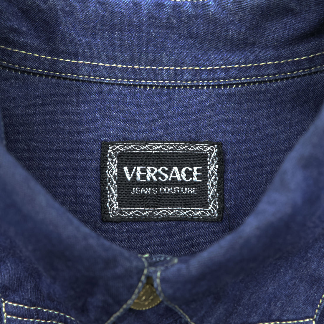 VERSACE 90s Vintage Denim Shirt, Size XL and up, Blue, JEANS COUTURE, Medusa Buttons