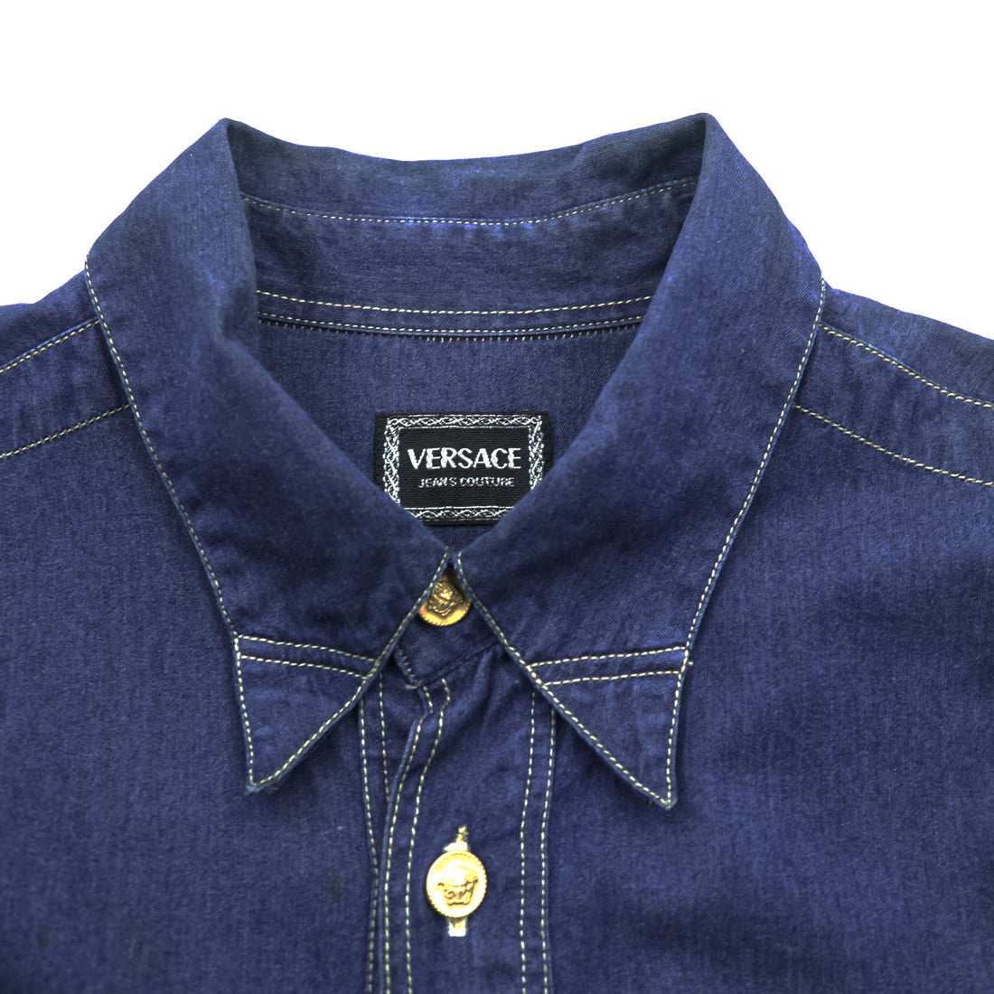 VERSACE 90s Vintage Denim Shirt, Size XL and up, Blue, JEANS COUTURE, Medusa Buttons