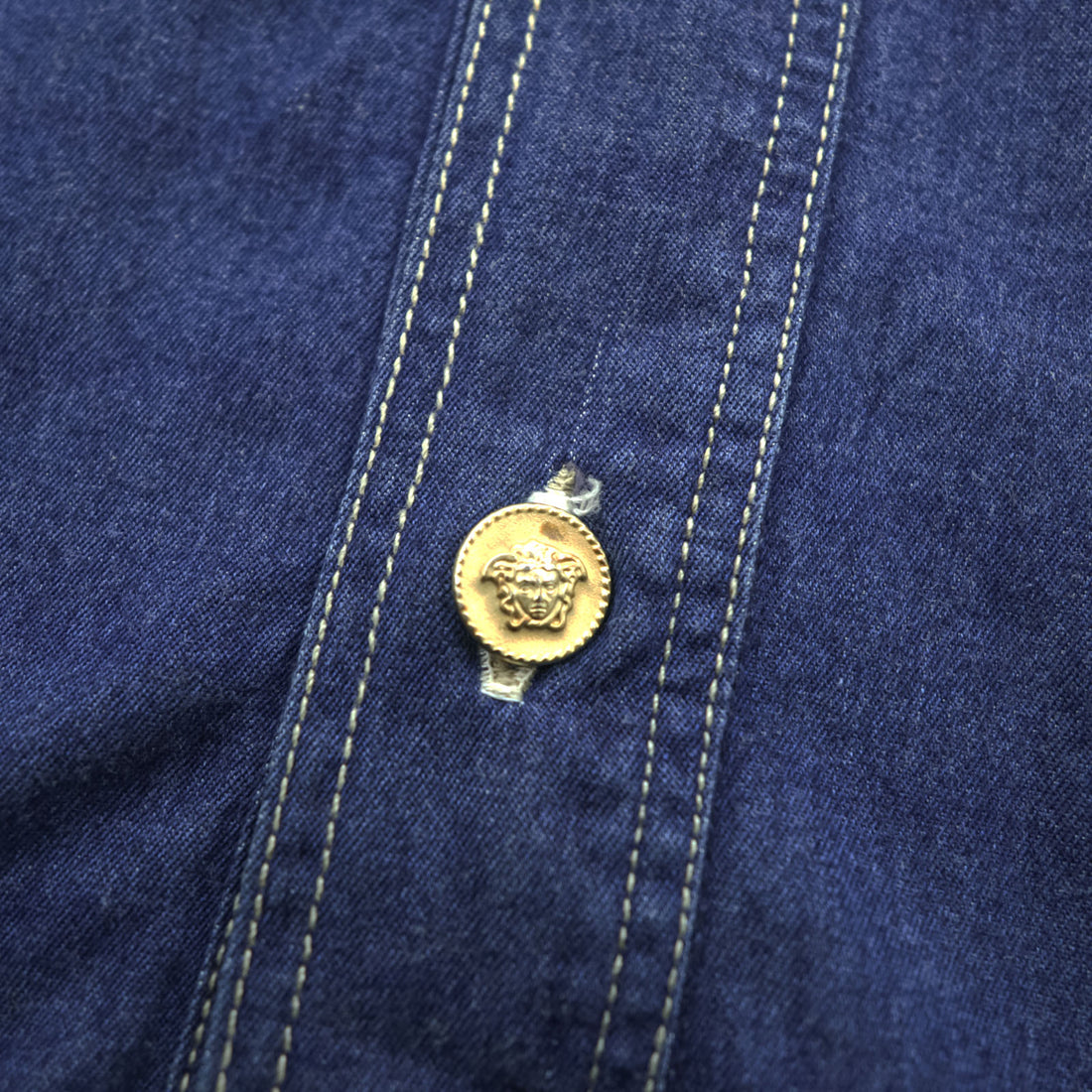 VERSACE 90s Vintage Denim Shirt, Size XL and up, Blue, JEANS COUTURE, Medusa Buttons