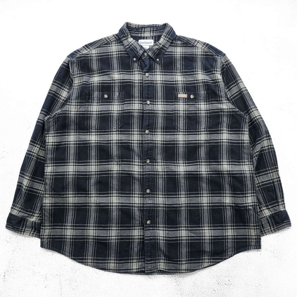 carhartt フランネル ボタンダウンシャツ 2XL チェック グレー ブラック 胸ポケット ビッグサイズ S199