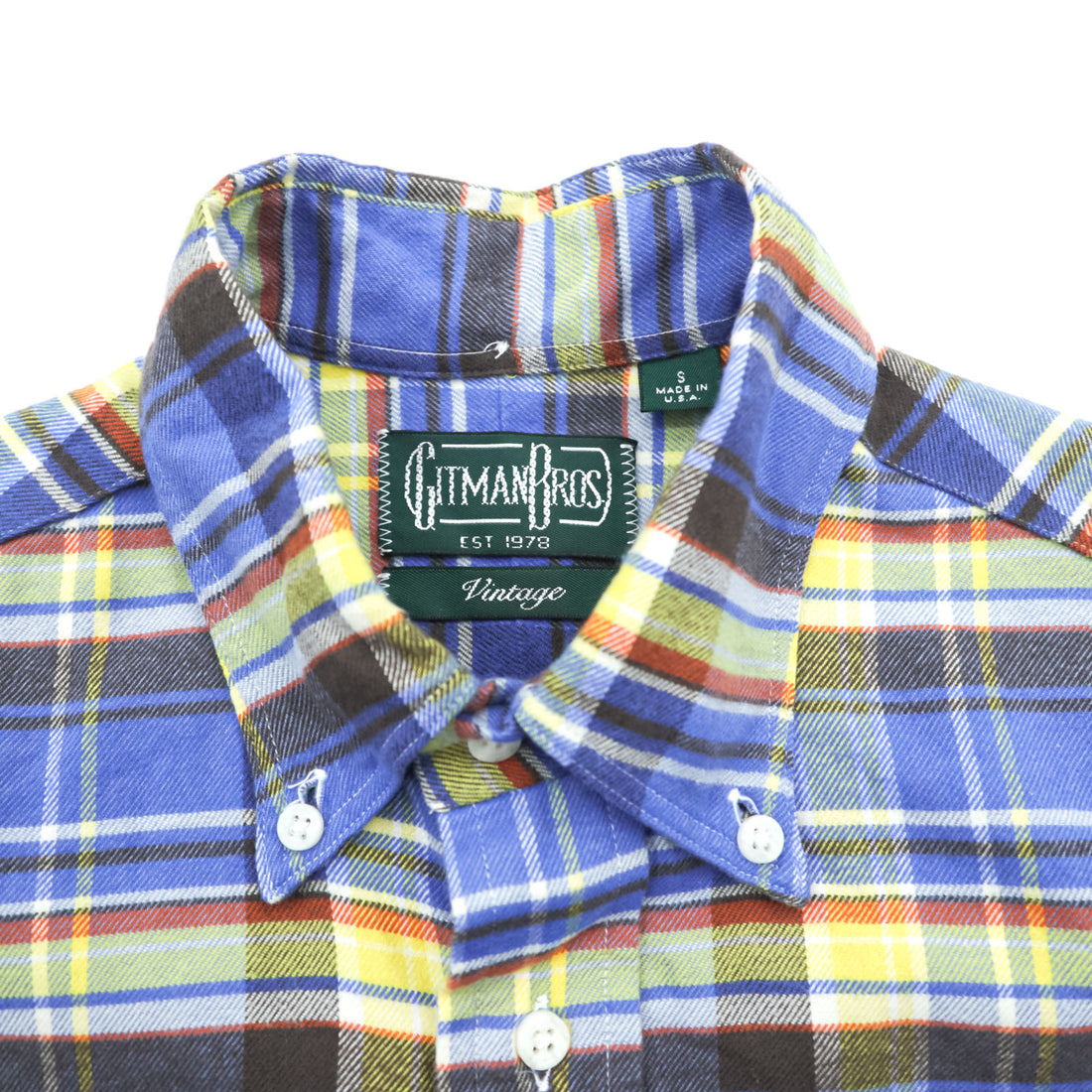 GITMAN BROS. USA製 チェック フランネルシャツ 長袖シャツ S イエロー ブルー ボタンダウン VINTAGE