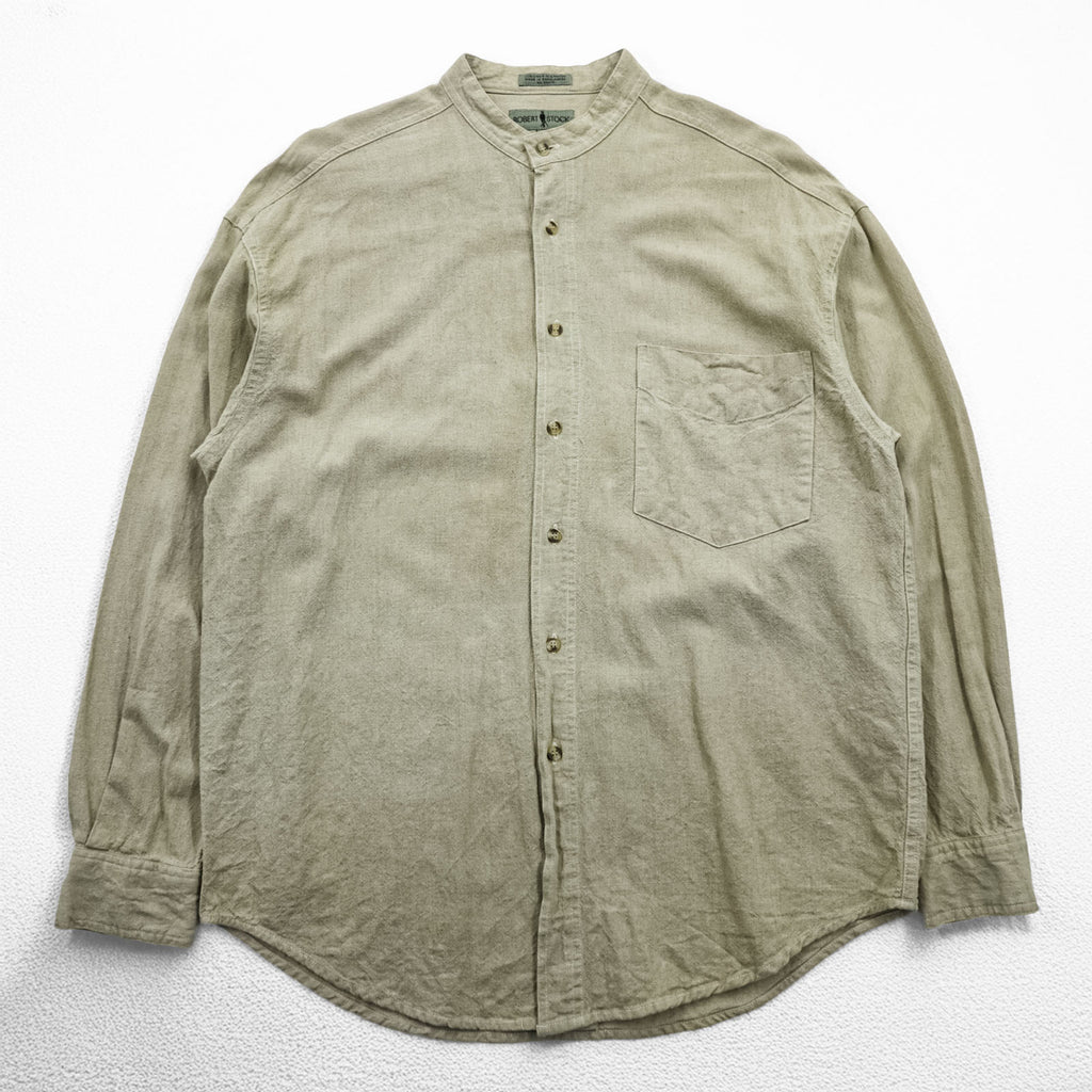 Vintage 90s Band Collar Shirt, Size L, Beige, ROBERT STOCK