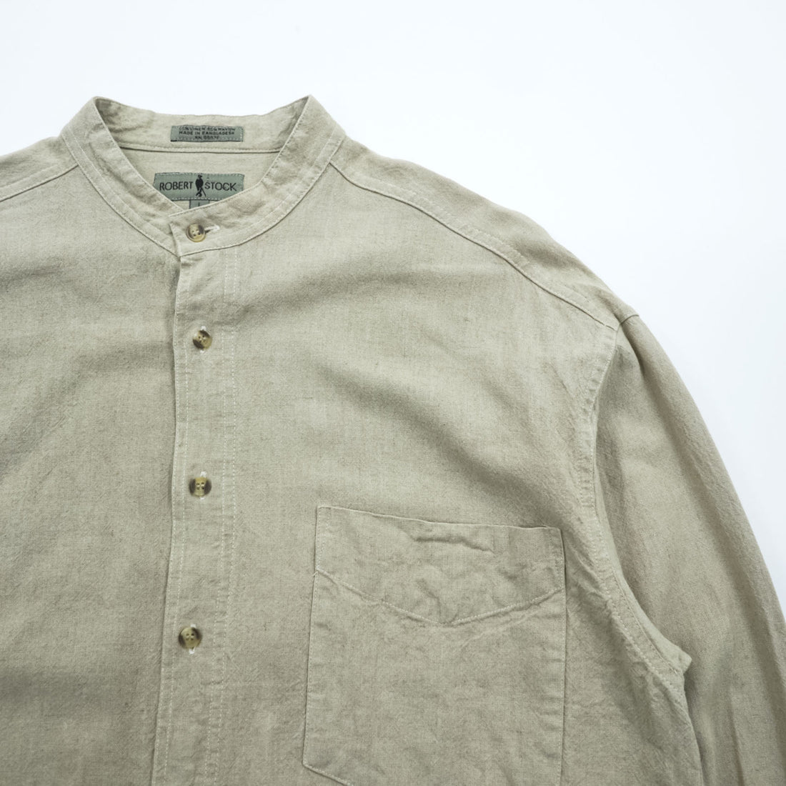 Vintage 90s Band Collar Shirt, Size L, Beige, ROBERT STOCK