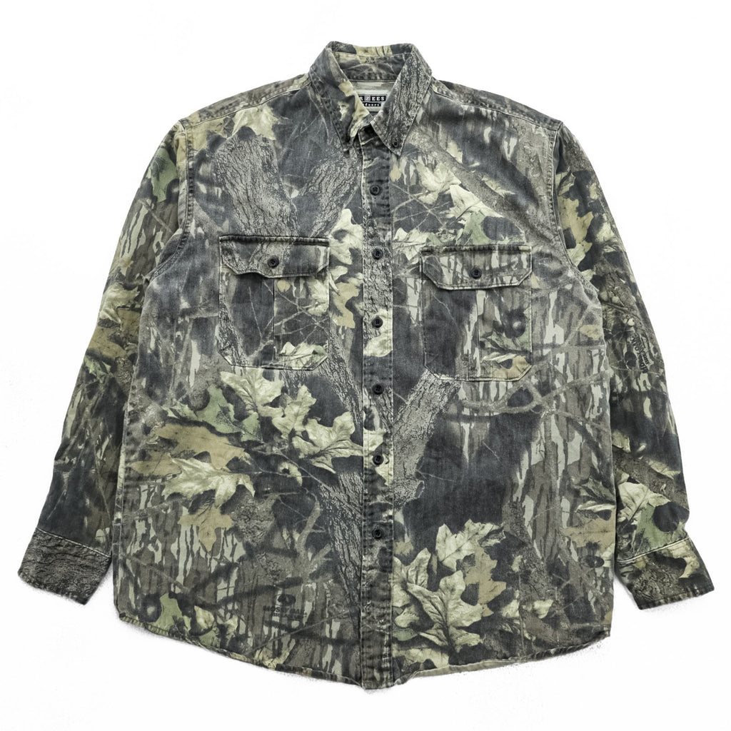 JERZEES 90s Vintage Tree Camo Button-Down Shirt L Khaki Outdoors